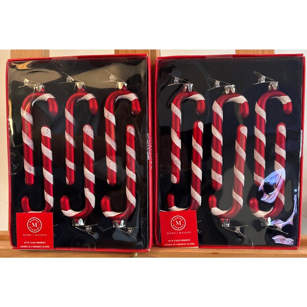 NIB Set 12 Martha Stewart Glass Candy Cane Clip Ornaments Christmas Tree Decor